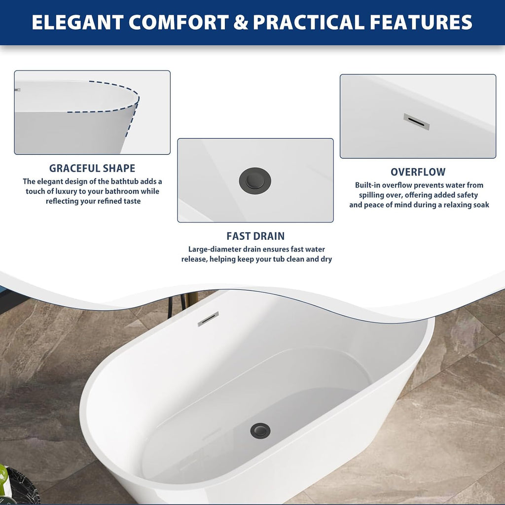 Sarlai 59 Inch Acrylic Freestanding Soaking Bathtub Contemporary Soaking White Tub Stand Alone Ergonomic Bathtub with Black Drain