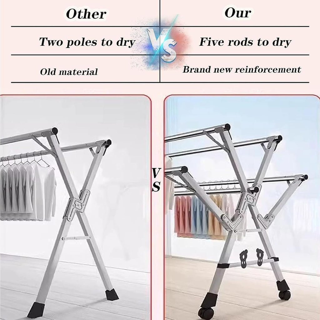 Collapsible Clothes Drying Racks Foldable, Garment Rack Heavy Duty with Wheels, Laundry Rack for Drying Clothes, 5 Rod Stainless Steel Laundry Stand, for Clothe,1.2-1.6m
