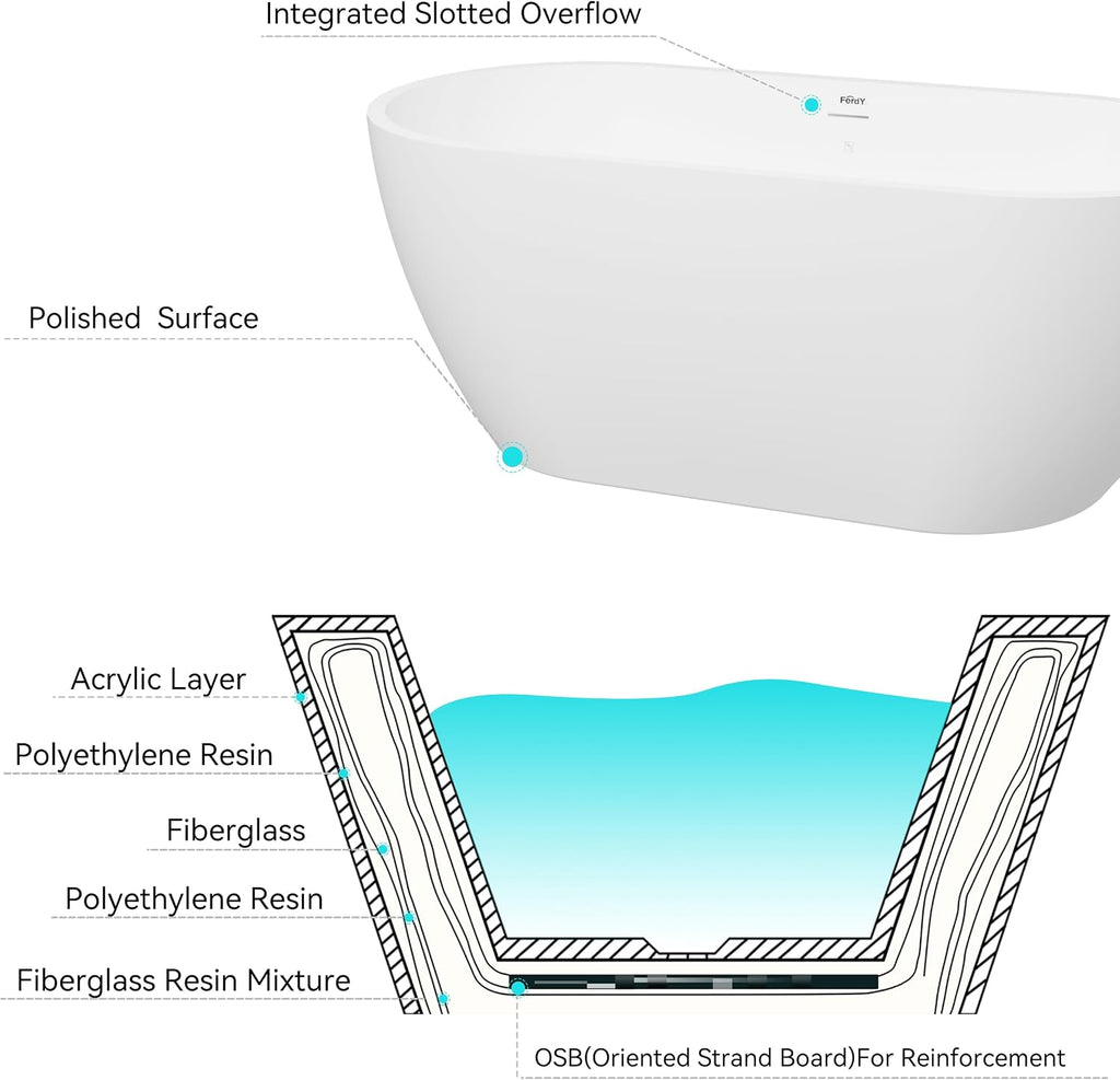 FerdY 59' Bali Acrylic Freestanding Bathtub, Gracefully Shaped Freestanding Soaking Bathtub, cUPC Certified, Toe-Tap Polished White Drain and Minimalist Linear Design Overflow Included