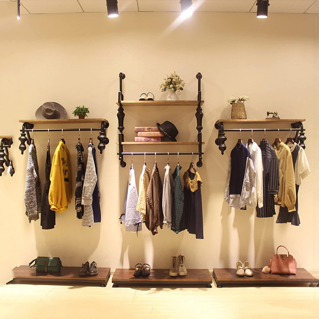 Wall Mounted Garment Rack,Floating Industrial Pipe Garment Rack,Clothes Hanger,Retail Display Garment Rack with Wooden Shelf,Sturdy Organizer,Sturdy Multifu(2-tiers-120CM