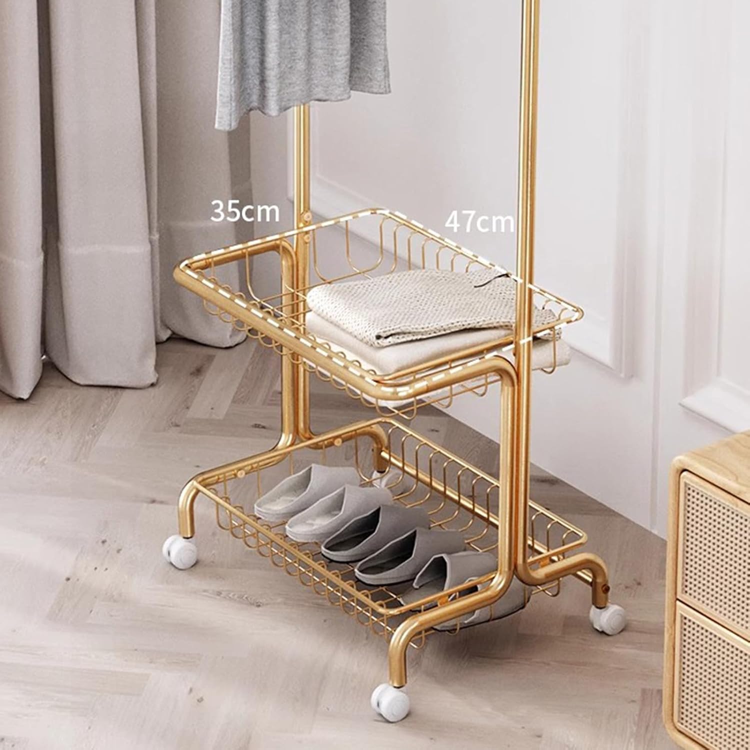 Heavy duty Garment rack 2-in-1 Clothing Rack With Hanging Rod And 2 Storage Basket, Heavy Duty Metal Clothes Organizer With Wheels, Freestanding Coat Rack For Entrance And Bedroom, 52x41x170CM (Gold