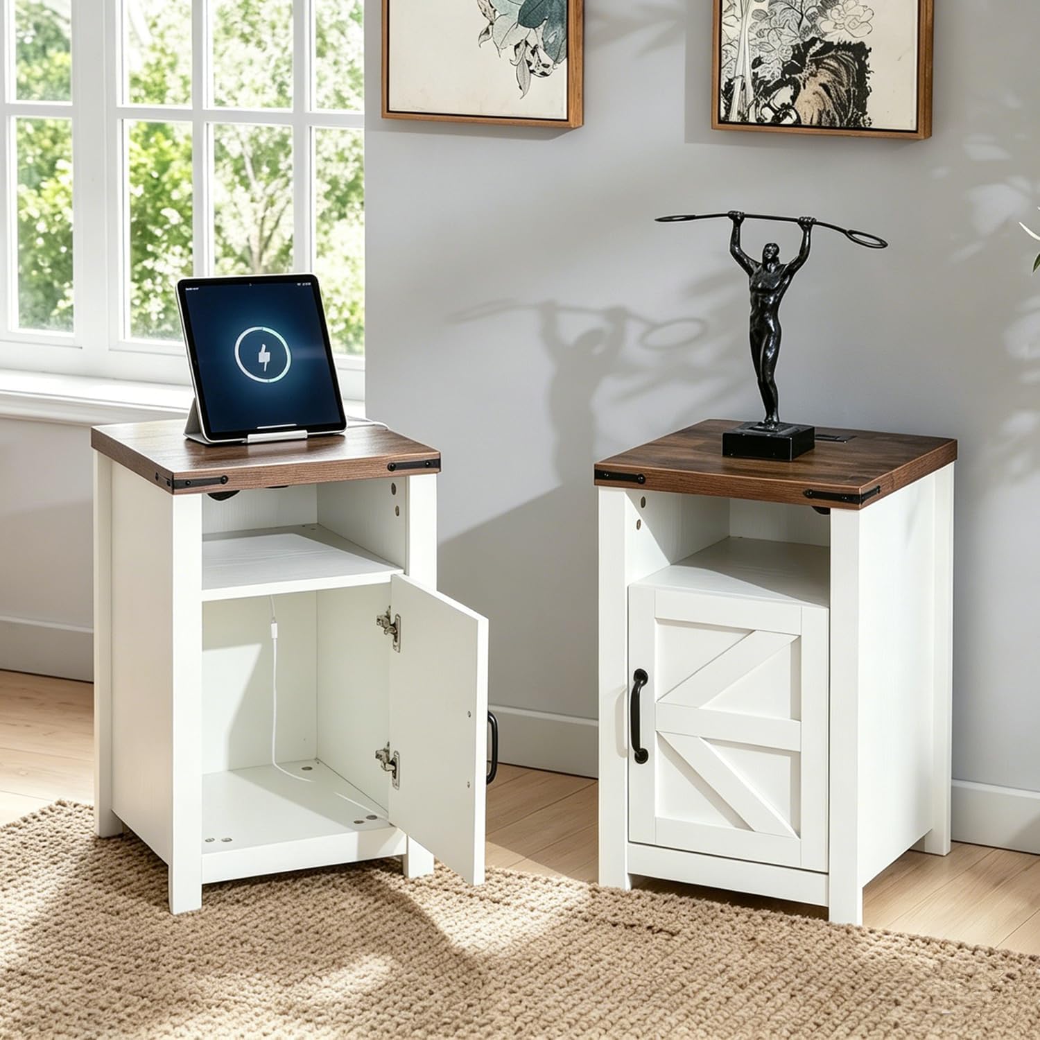 White Farmhouse End Table Set of 2, Rustic Nightstand with Barn Door and Shelf, Bedside Table with Charging Station for Living Room, Bedroom