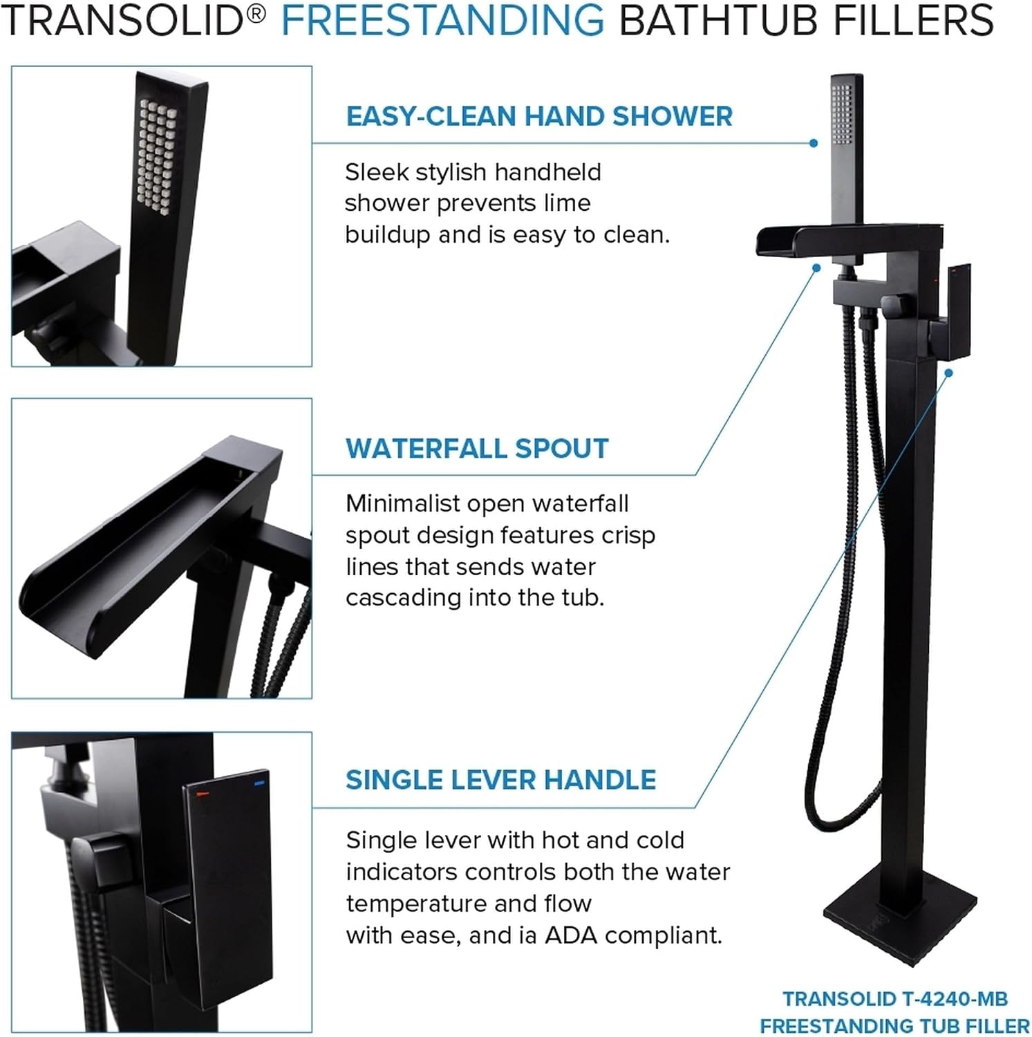 Transolid Maris 59 in. Freestanding Soaking Bathtub & Faucet Kit | 31 in. Wide Acrylic Tub + Matte Black Floor-Mount Tub Filler with Handshower | Center Drain | Gloss White | KF-AFTM5931-G31MB