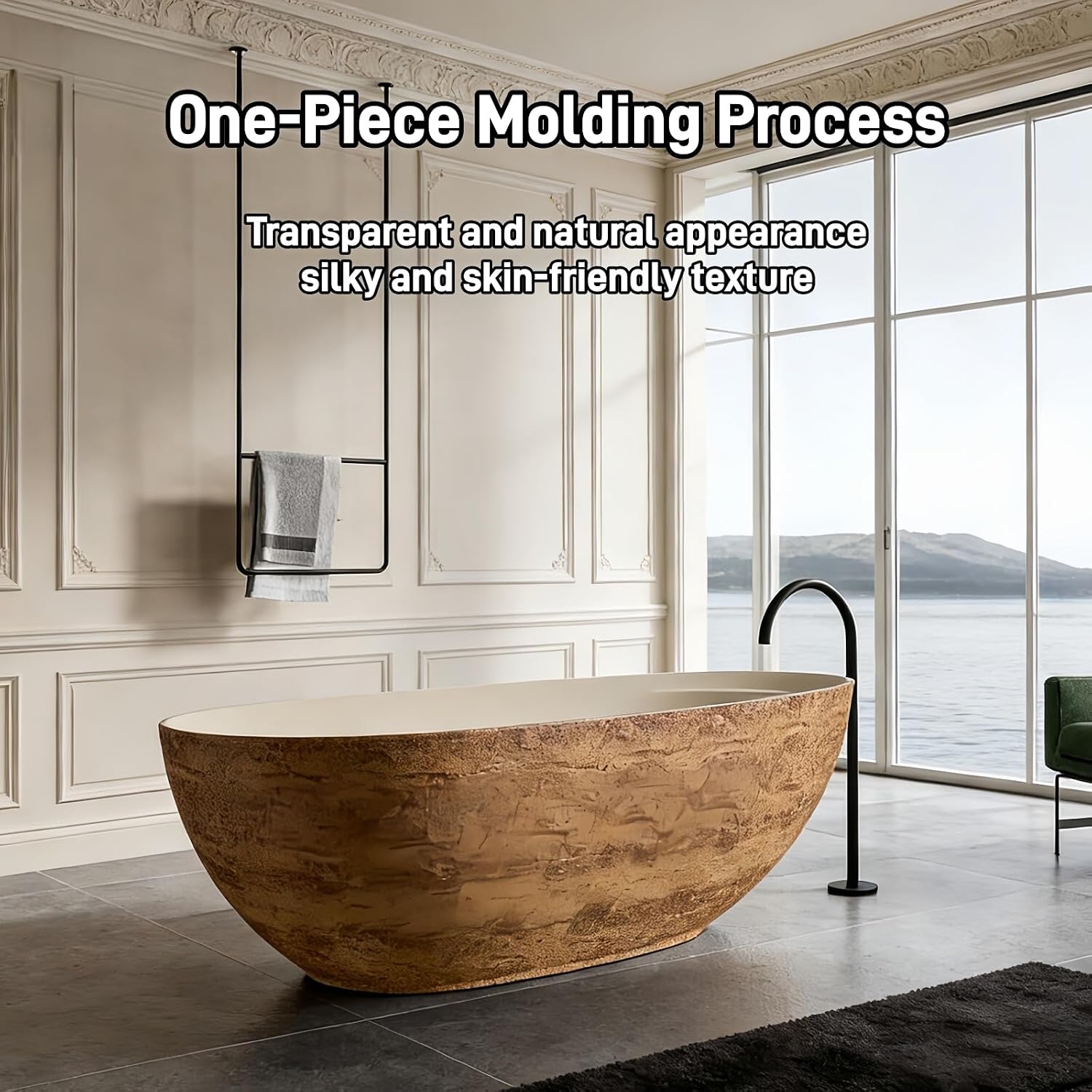 59' Edeyeu Freestanding Bathtub - Luxury Golden Stone Solid Surface Bathtub Soaking Tub, Designer Free Standing Tub for Modern Home Spa, Villa, and Hotel Bathrooms, Yellow