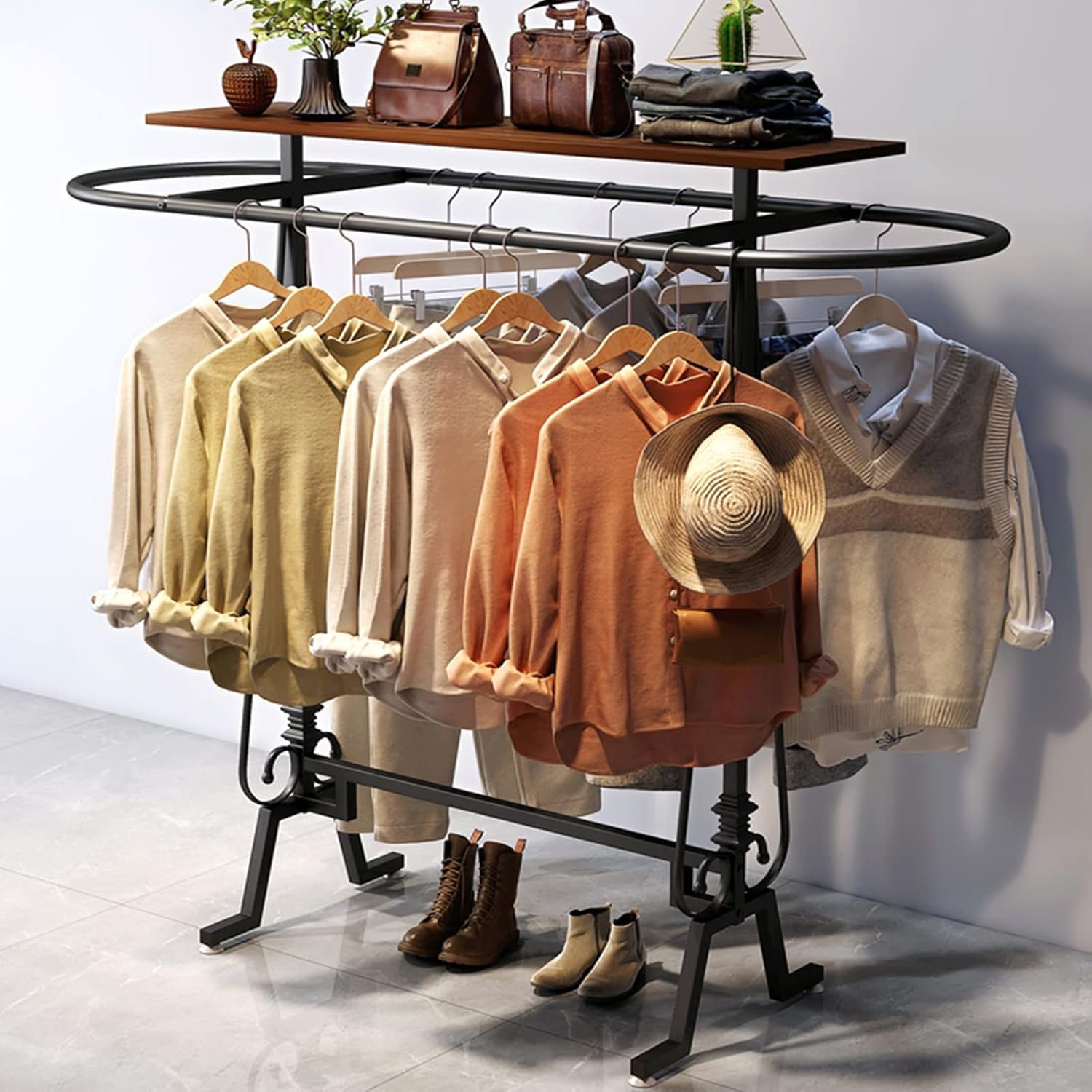 Retail Display Racks, Boutique Clothing Store Garment Rack, Multifunctional Suit Dress Scarves Shoe Hanging Storage Hanger, Commercial Shelves, Organ(Black-150x50x140CM