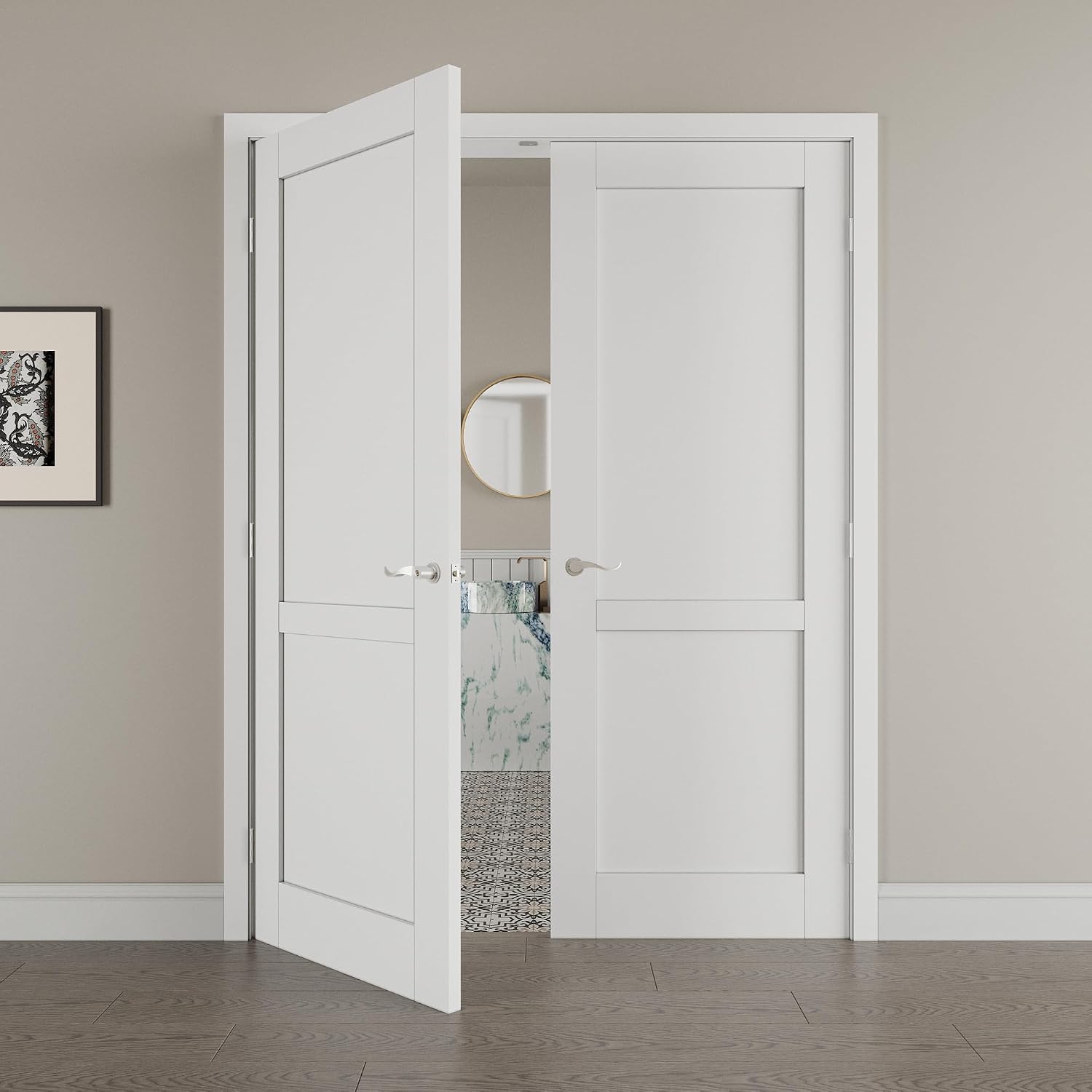 60' x 80' French Doors Interior (Double 30' x 80' 2-Lite Panel Door with Silver Hinge Prehung Jamb Kit), Pre-Finished & Paintable, Prebuilt Home Door Panels & Assembly Required Jamb