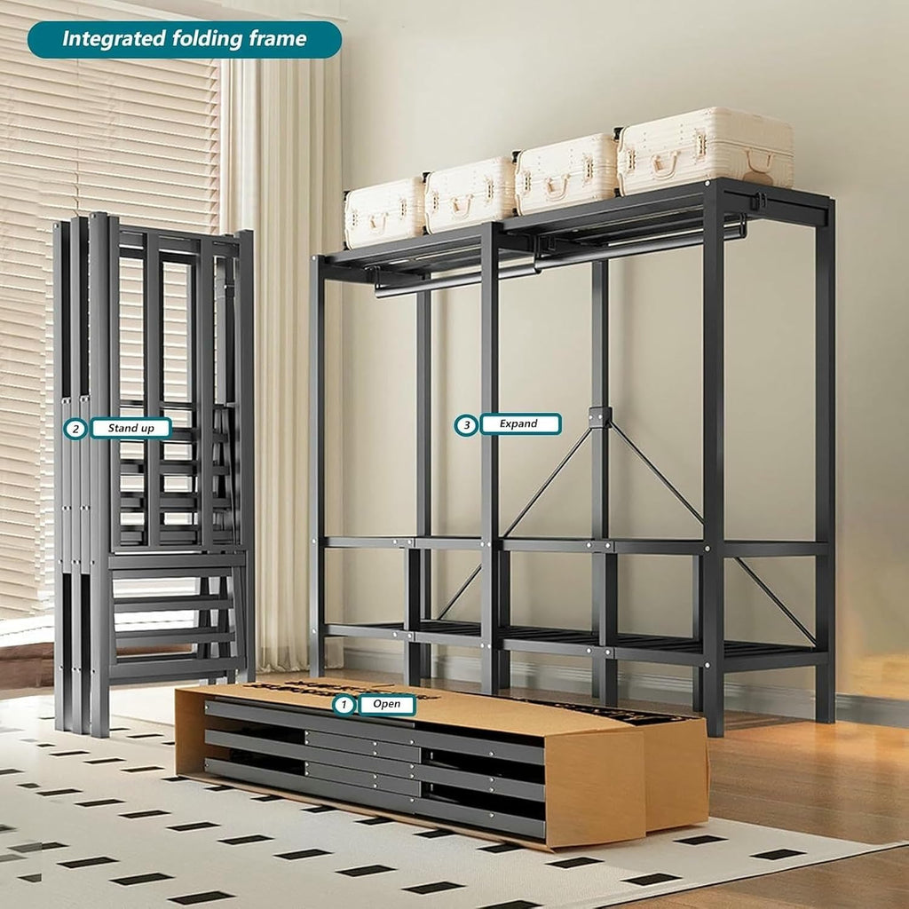 Heavy Duty Metal Clothing Rack with Cover Foldable Covered Clothes Rack with 2 Hanging Rods Garment Rack Wardrobe Clothes Organizer