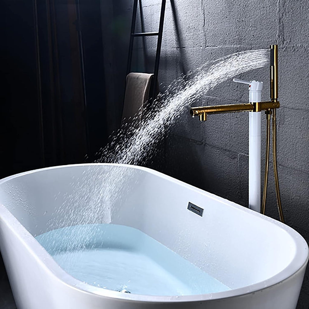 Freestanding Bathtub Faucet with Handheld Shower - Floor Mounted Tub Tap, 59-Inch Shower Hose, Stylish White Gold Finish