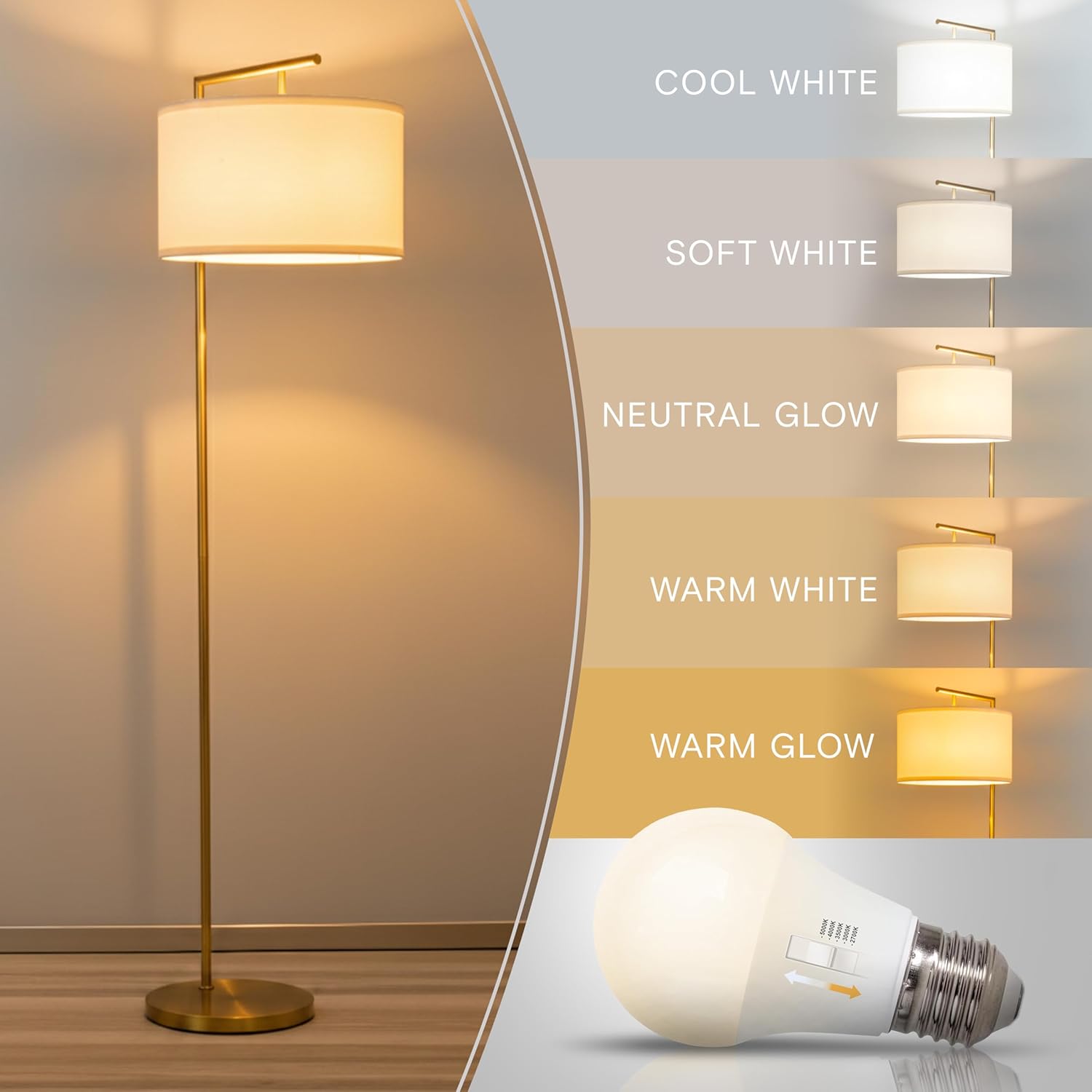 Brightech Montage Modern Floor Lamp - LED Standing Lamp with Tan Shade for Living Rooms & Offices - Bedroom Reading Light - Tall Corner Pole Lamp for Contemporary Home Decor - Antique Brass