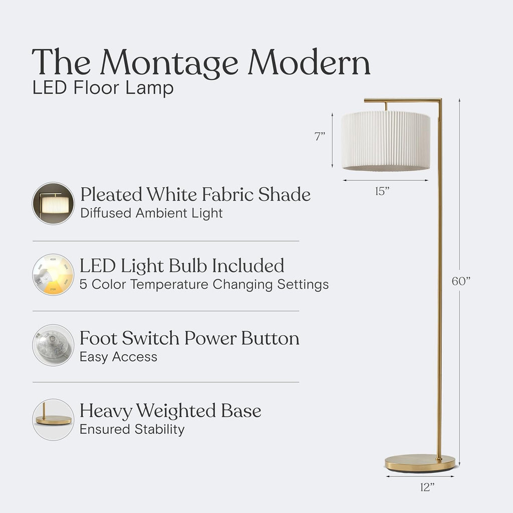 Brightech Montage Modern Floor Lamp - LED Standing Lamp with Tan Shade for Living Rooms & Offices - Bedroom Reading Light - Tall Corner Pole Lamp for Contemporary Home Decor - Antique Brass