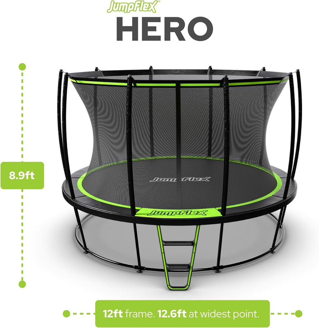 JumpFlex Hero Round Outdoor Backyard Trampoline with Net Safety Enclosure and Ladder - Heavy-Duty Jumping Trampoline Play Equipment for Family