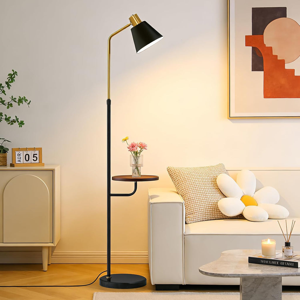 Black Floor Lamp with Walnut Side Table for Living Room Bedroom, Modern Standing Lamp 12W LED 3-Color Dimmable 3000K/4500K/6500K, Adjustable Reading Light with Shelf for Home Office Corner end