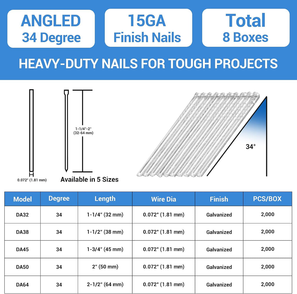 meite 15 Gauge 34 Degree Angled Finish Nails 1-1/2-Inch Galvanized Finishing Nails for Nail Gun, DA Series Glue-collated Nail for Window Trimming/Cabinet, 16,000PCS