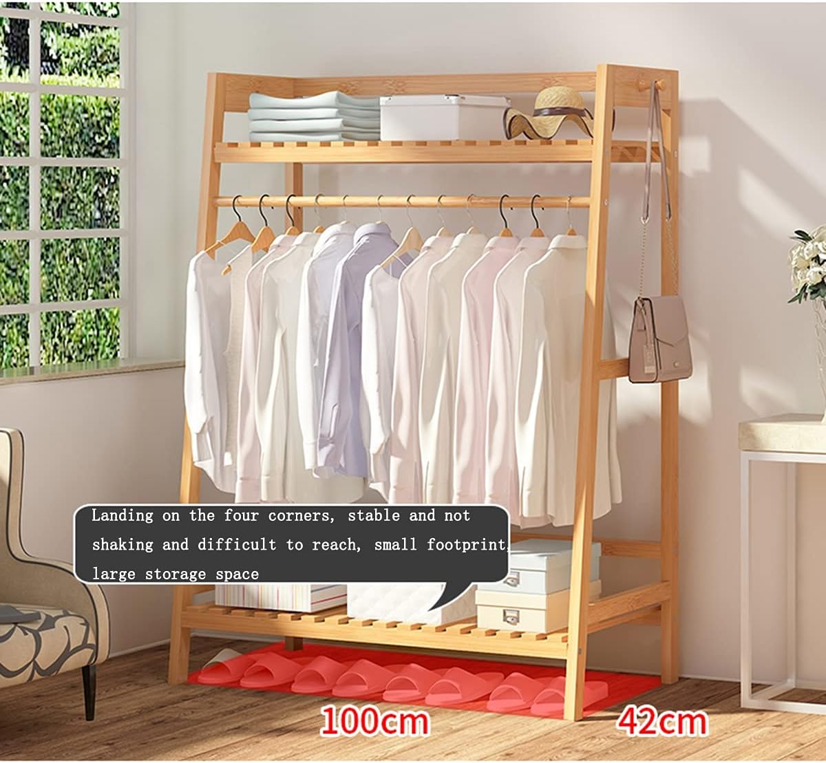 Wooden Clothing Garment Rack with Shelves, Heavy Duty Clothes Hanging Rails, Multifunctional Open Wardrobe for Bedroom and Living Room