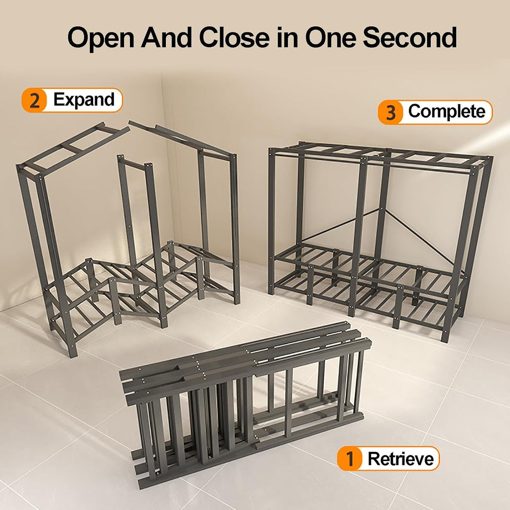 Foldable Wardrobe Closet With Cover, Metal Clothing Rack For Hanging Clothes, Portable Coat Storage Garment Rack, One-Piece Folding Base, For Bedroom, Dorm(Yellow2,150cm/59.1inch)