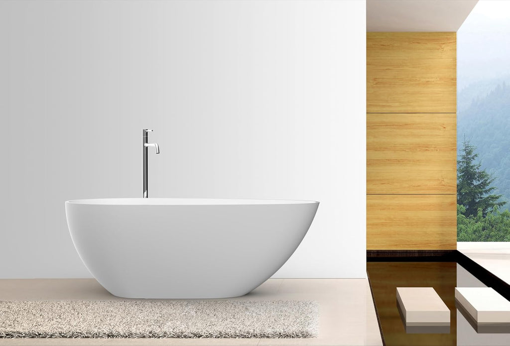 GarveeHome 67' Solid Surface Freestanding Bathtub, Egg Shell Shaped Stone Freestanding Tubs, Contemporary Oval Soaking Tub with Overflow and Pop-Up Drain, Matte White