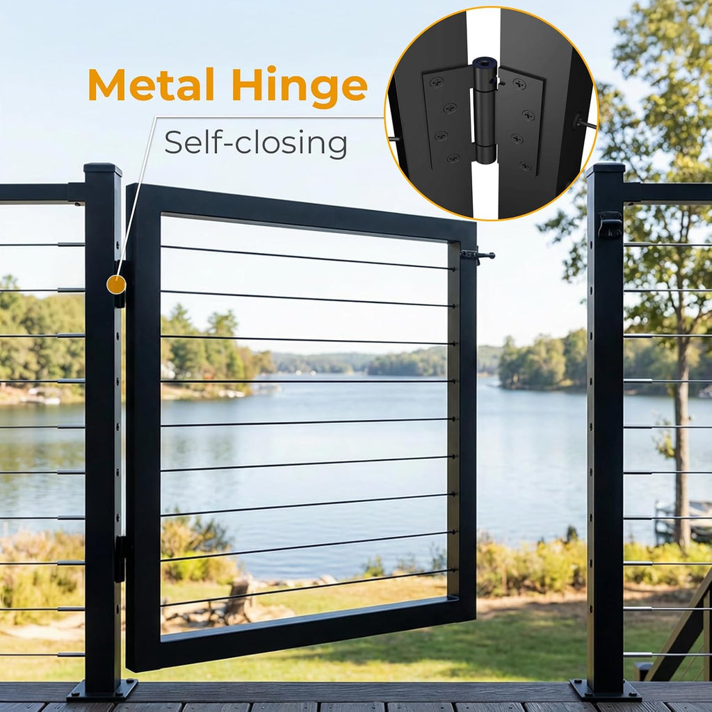 Aluminum Cable Railing Gate 32.5' Height | Adjustable up to 36' Wide Black Powder-Coated Railing Gate with with Patented Pre-install Cable Railing Kit