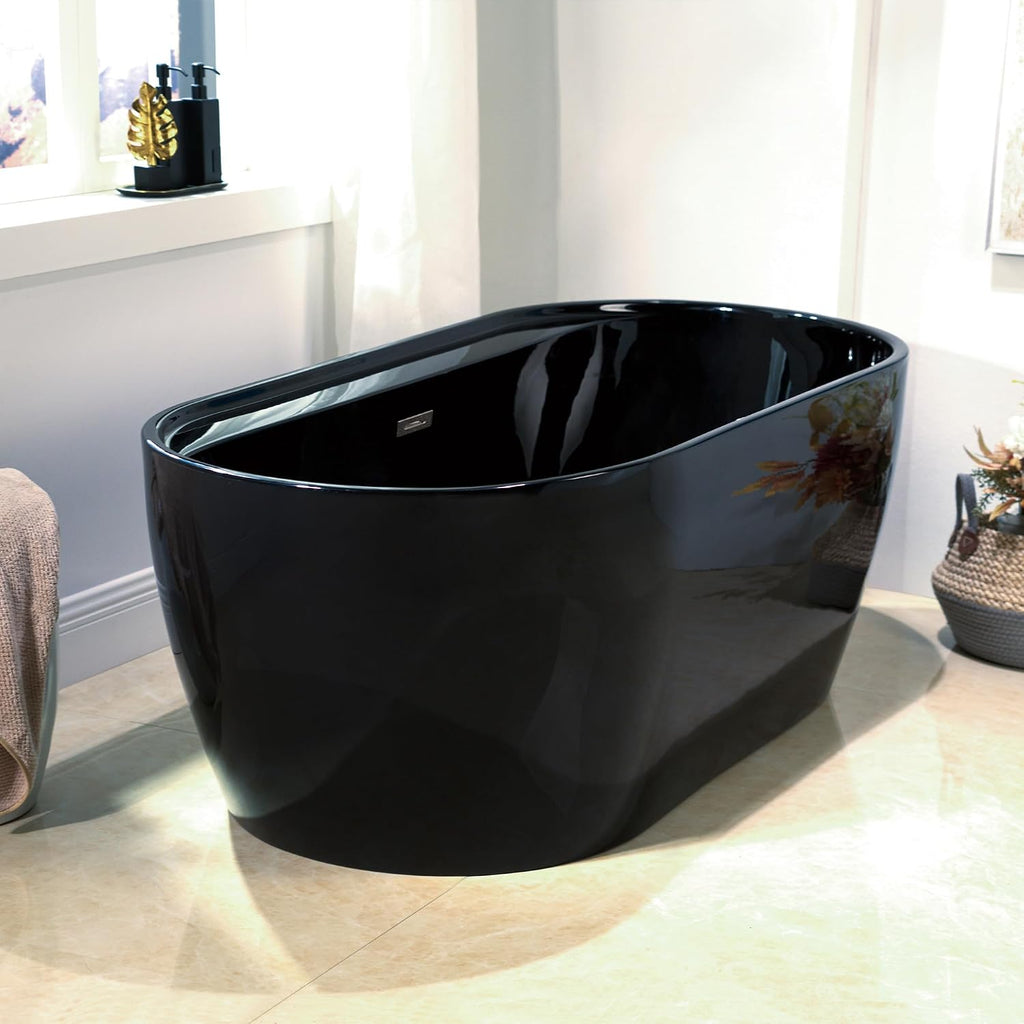WOODBRIDGE 59' L x 31-1/2' W Freestanding Contemporary Acrylic Soaking Bathtub in Glossy Black Inside and Outside with Brushed Nickel Drain & Overflow,B8864-BN