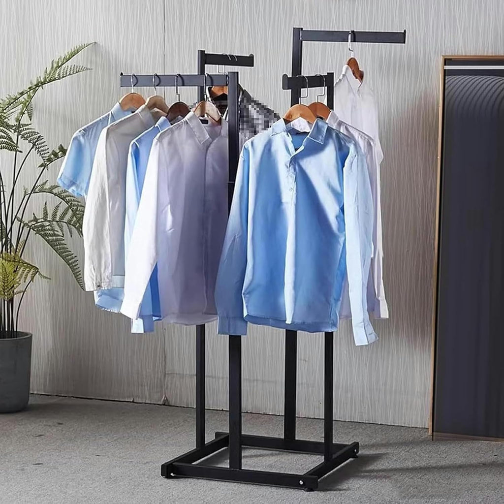Floor-Standing Metal Garment Rack, Heavy Duty Clothing Rack 4 Way Rack, Adjustable Lifting Retail Display Hanging Shirt Garment Pipe Rack Commercial Hanger