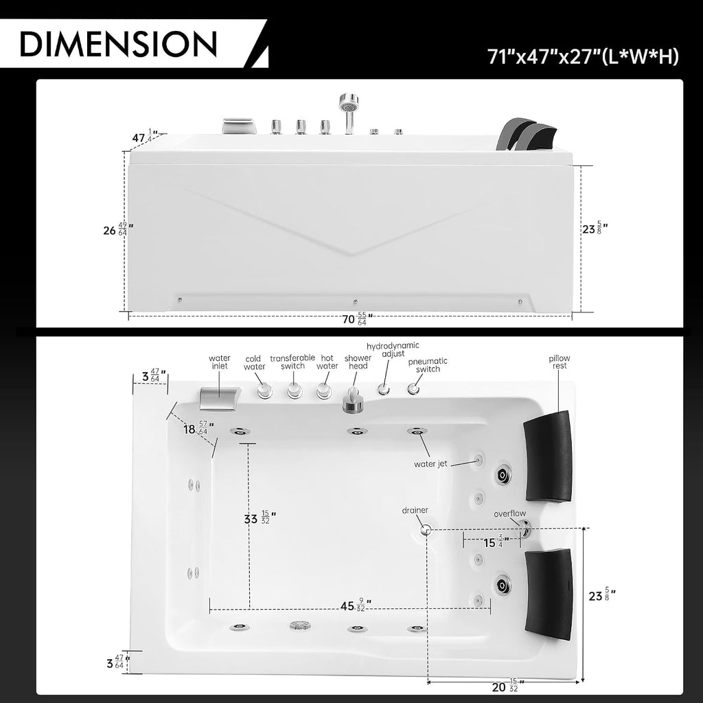 Empava 2 Person Whirlpool Bathtub,71' Whirlpool Tubs with 16 Jets,Jetted bathtub,Acrylic SPA Bath Tub,2 Person Hydro Massage Bathtub with Right Drain,3-Side Apron,White