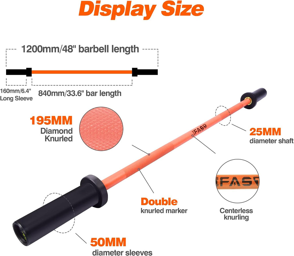 IFAST Olympic Barbell Bar 4FT Solid Chrome Barbell with Bearing, 7.2FT Home Gym 2' Weightlifting Bar, 400lbs/1200lbs Weight Capacity