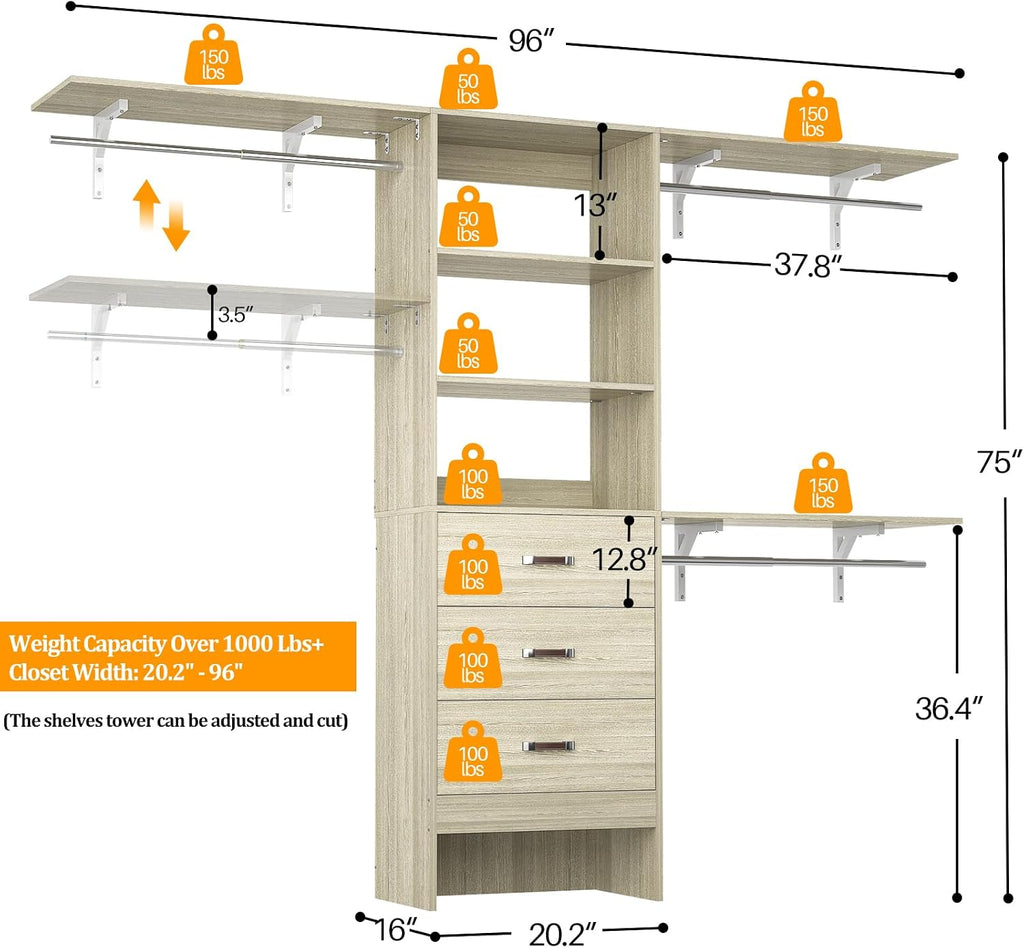 Closet System with 3 Drawers - 8FT Wood Closet Organizer with 3 Shelving Tower & Hanging Rods, 96' Walk-in Wardrobe Closet Organizer System for 4-8FT Spaces, Heavy Duty Garment Clothes Rack, White Oak