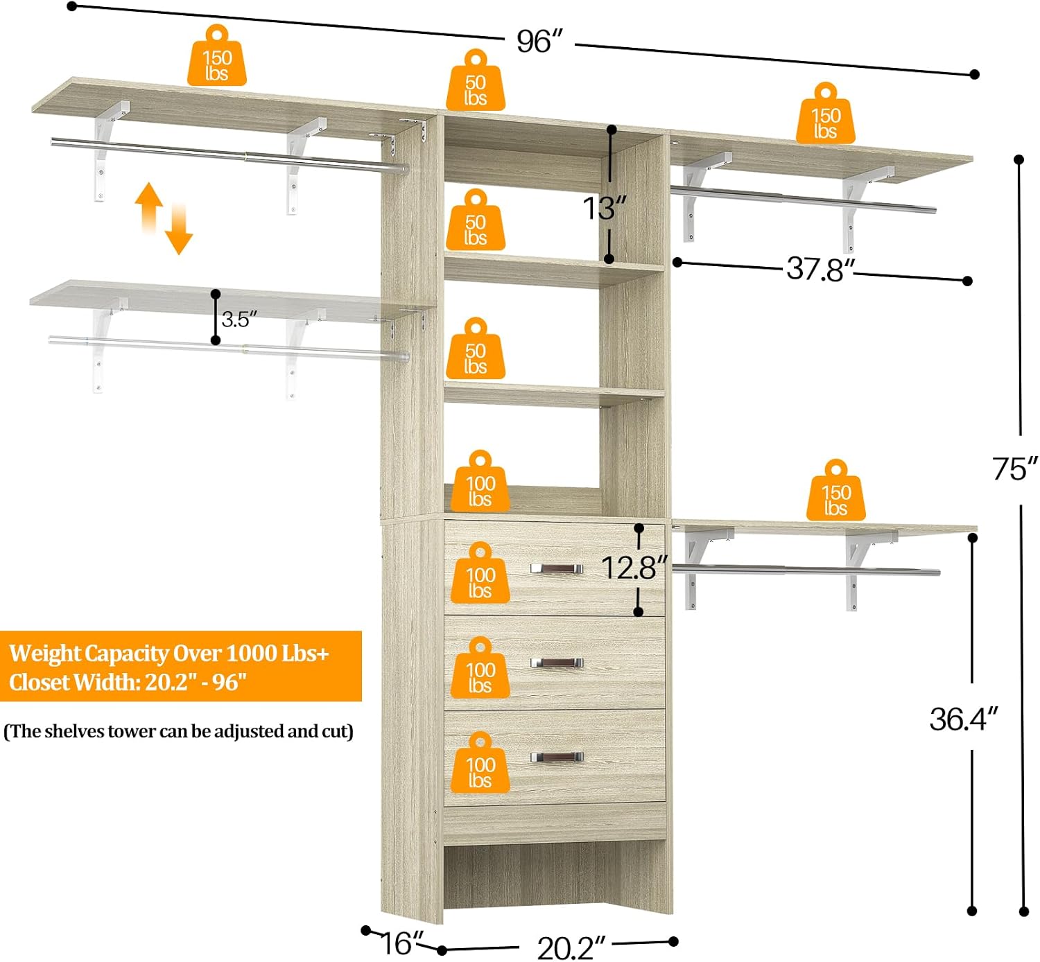 Closet System with 3 Drawers - 8FT Wood Closet Organizer with 3 Shelving Tower & Hanging Rods, 96' Walk-in Wardrobe Closet Organizer System for 4-8FT Spaces, Heavy Duty Garment Clothes Rack, White Oak