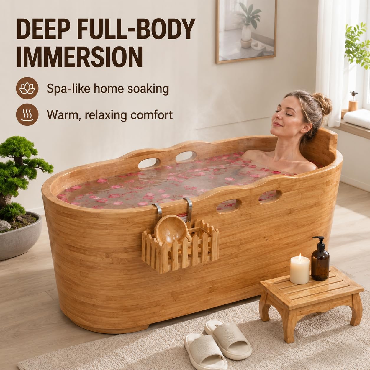 Large Wooden Bathtub Japanese Style Freestanding Oak Soaking Tub with Accessories for Adults, Home Spa and Deep Soaking Experience (wooden color, 43.3')