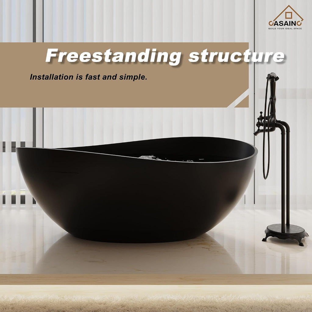 CASAINC 63' Free Standing Tub, Matte Black Stone Resin Freestanding Bathtub Solid Surface Soaking Tub with Drain, Drain Hose & Sanding Paper