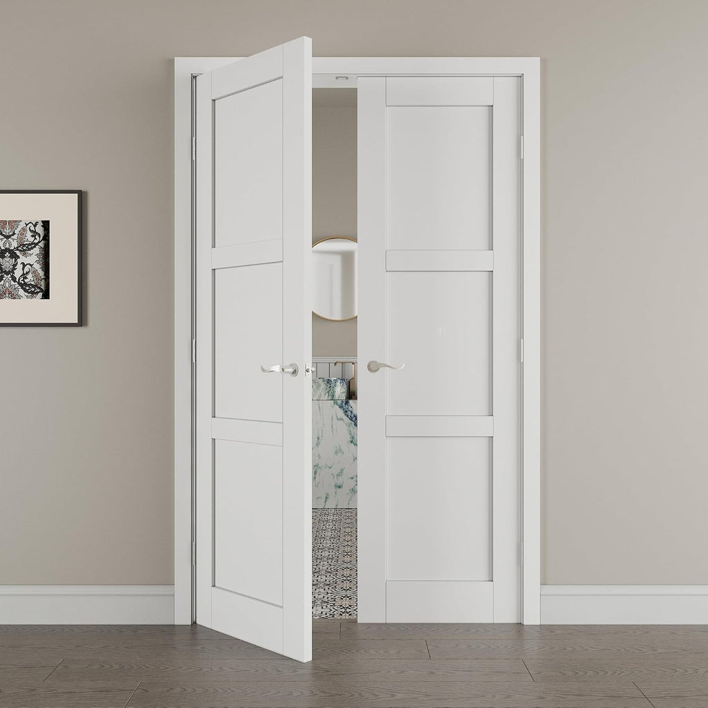 48' x 80' French Doors Interior (Double 24' x 80' 3-Lite Panel Door with Silver Hinge Prehung Jamb Kit), Pre-Finished & Paintable, Prebuilt Home Door Panels & Assembly Required Jamb