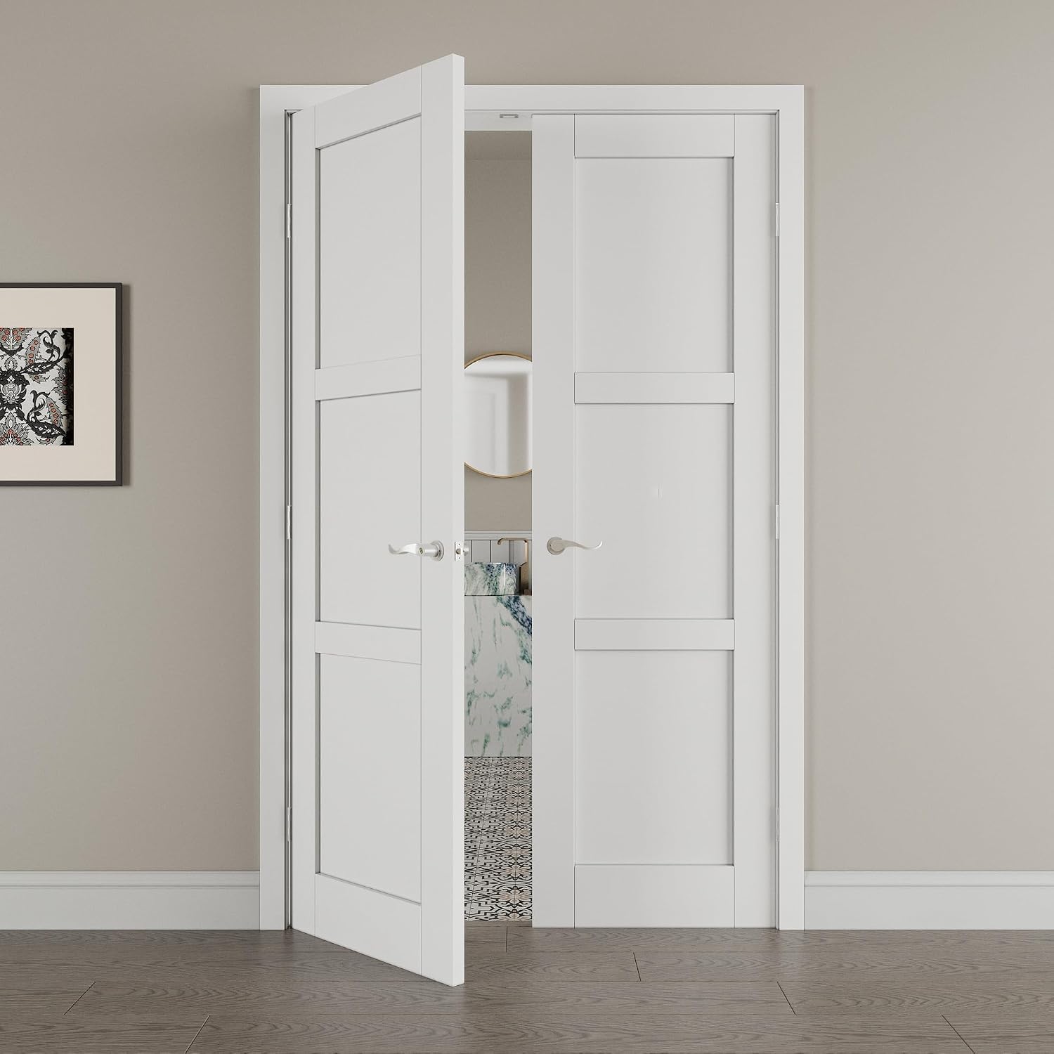 48' x 80' French Doors Interior (Double 24' x 80' 3-Lite Panel Door with Silver Hinge Prehung Jamb Kit), Pre-Finished & Paintable, Prebuilt Home Door Panels & Assembly Required Jamb