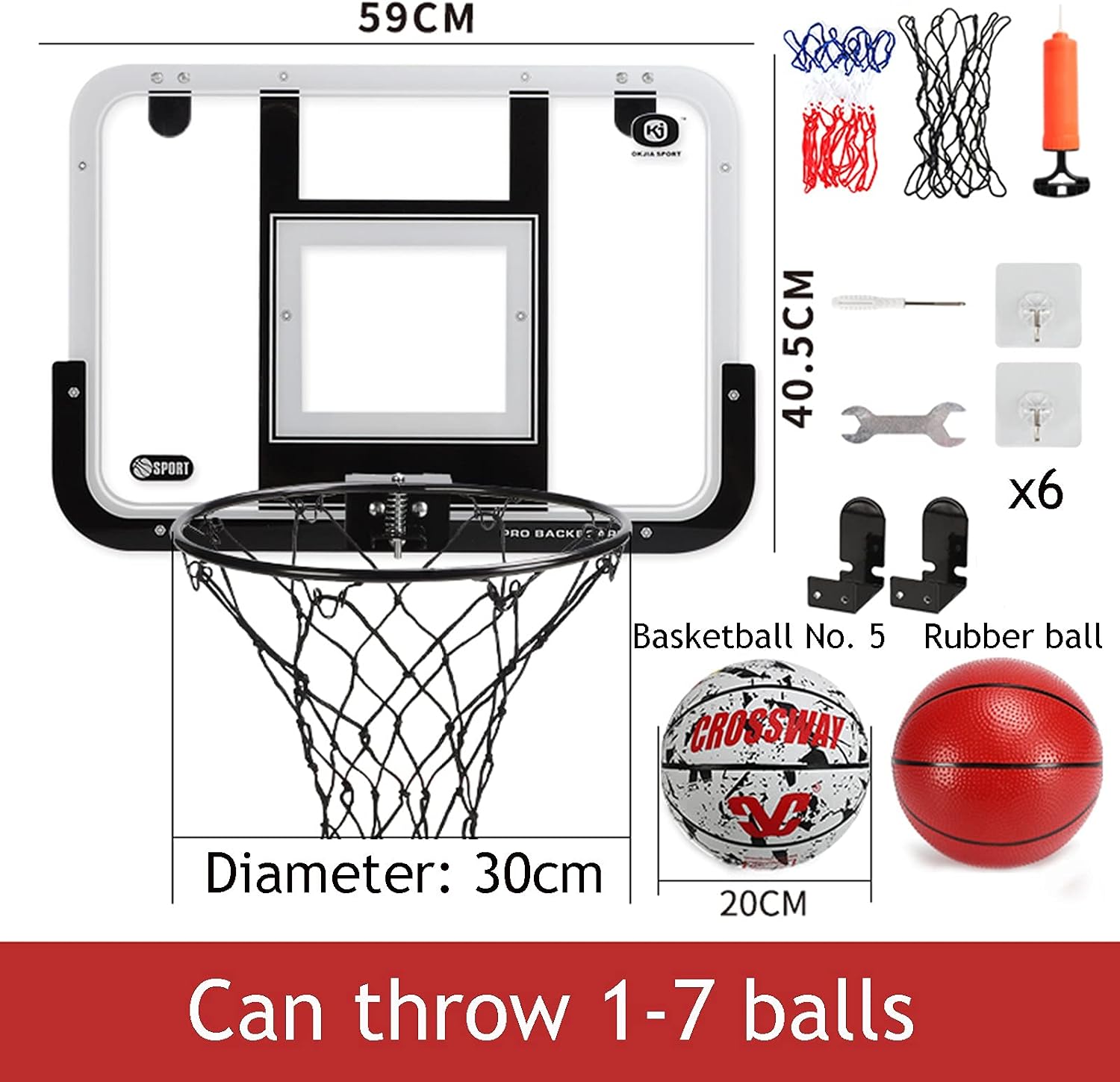 Basketball Rim Children's Mini Indoor Basketball Hoop Set,Training Basketball Board Without Punching Installation,Hanging On The Door and Wall (Color : White, Size : 59x40cm)