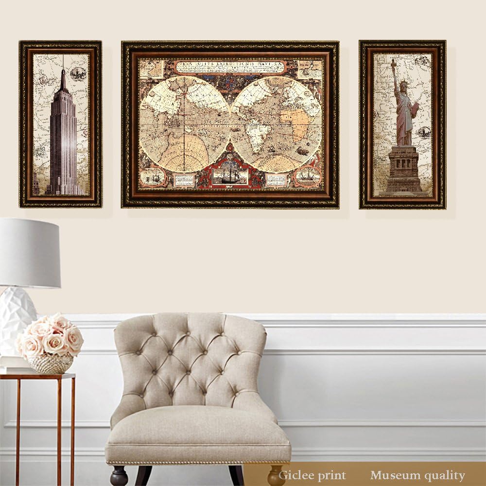 ELITEART- Statue Of Liberty, Empire State Building, Old Vintage World Map Oil Painting Reproduction Giclee Wall Art Canvas Prints-Framed Size：69'x28