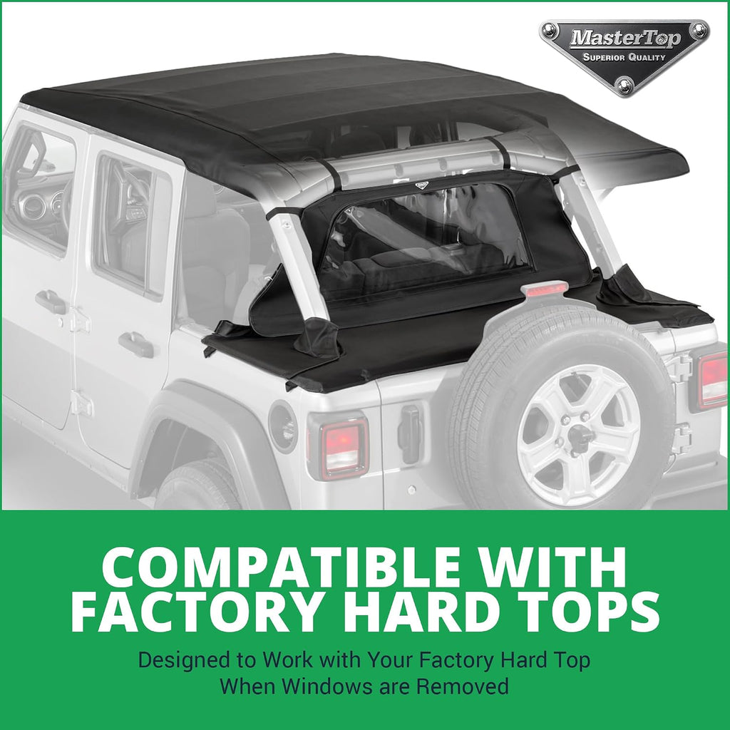 MasterTop Tonneau Cover & Wind Stopper Combo, Black MasterTwill - Fits Jeep Wrangler JLU 4-Door 2018-2024 Hard Top Models - Wind Breaker Blocks Backdrafts - Keeps Cargo Area Clean