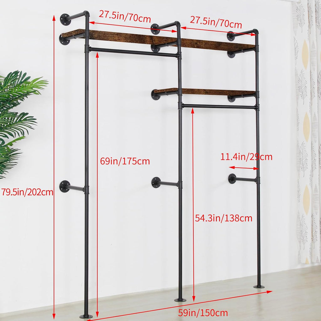 Industrial Pipe Clothing Rack - Black Wall Mounted Clothes Rack with 2 Hanging Rods & 2 Wooden Shelves, Closet Organizers and Storage for Retail Store, Bedroom (79.5 x 59in)
