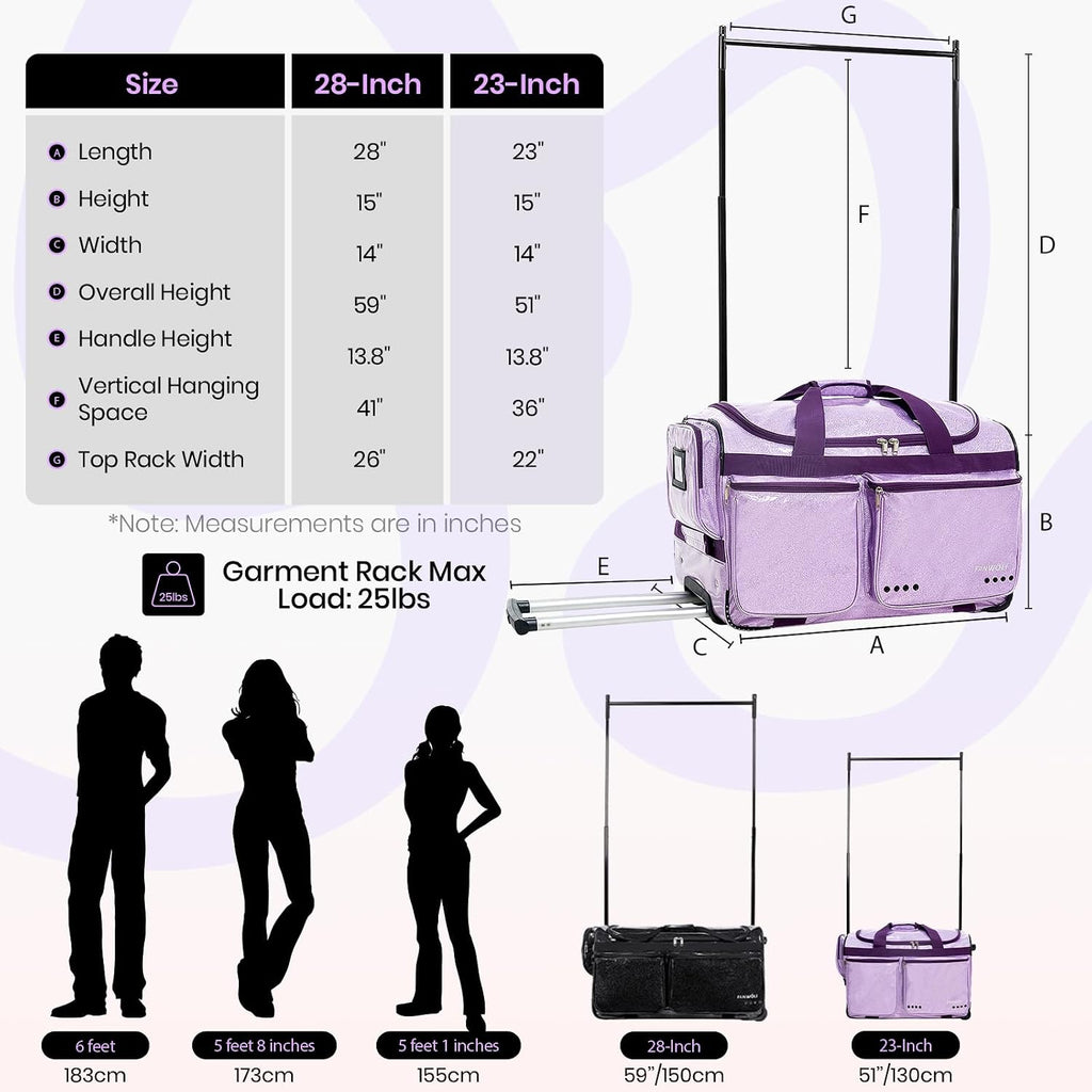 Fanwoli 23' Dance Bag with Garment Rack | Glittering Waterproof Fabric | Shine-Bright Collection | Ideal Competition Rolling Duffle Bag for Dancer Cheerleader Little Princess | Sparkle Purple