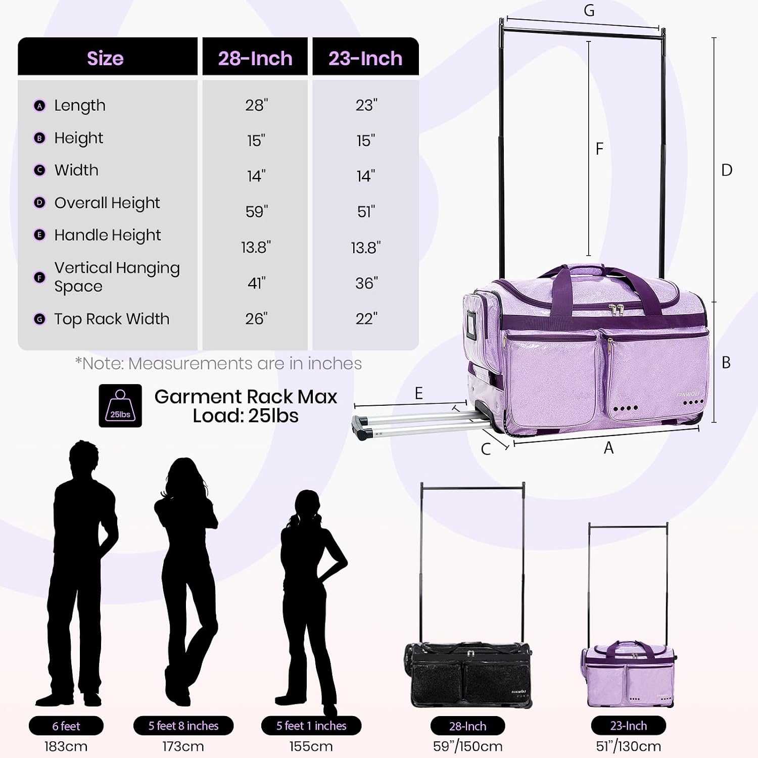Fanwoli 23' Dance Bag with Garment Rack | Glittering Waterproof Fabric | Shine-Bright Collection | Ideal Competition Rolling Duffle Bag for Dancer Cheerleader Little Princess | Sparkle Purple