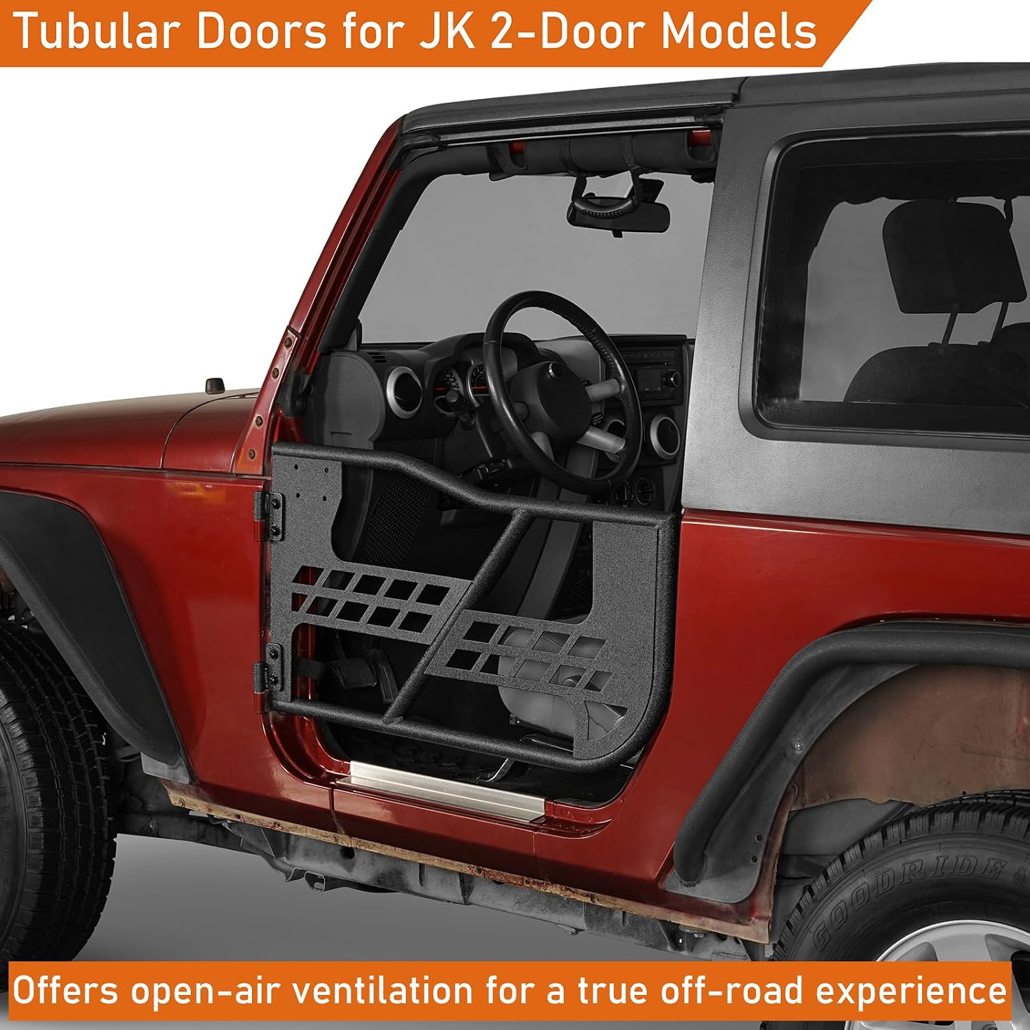 Hooke Road JK Tubular Half Doors for 2007-2018 Jeep Wrangler JK, Wrangler Offroad Trail Doors with OE-Style Latches, Open-Air Summer Driving (2-Door Only)