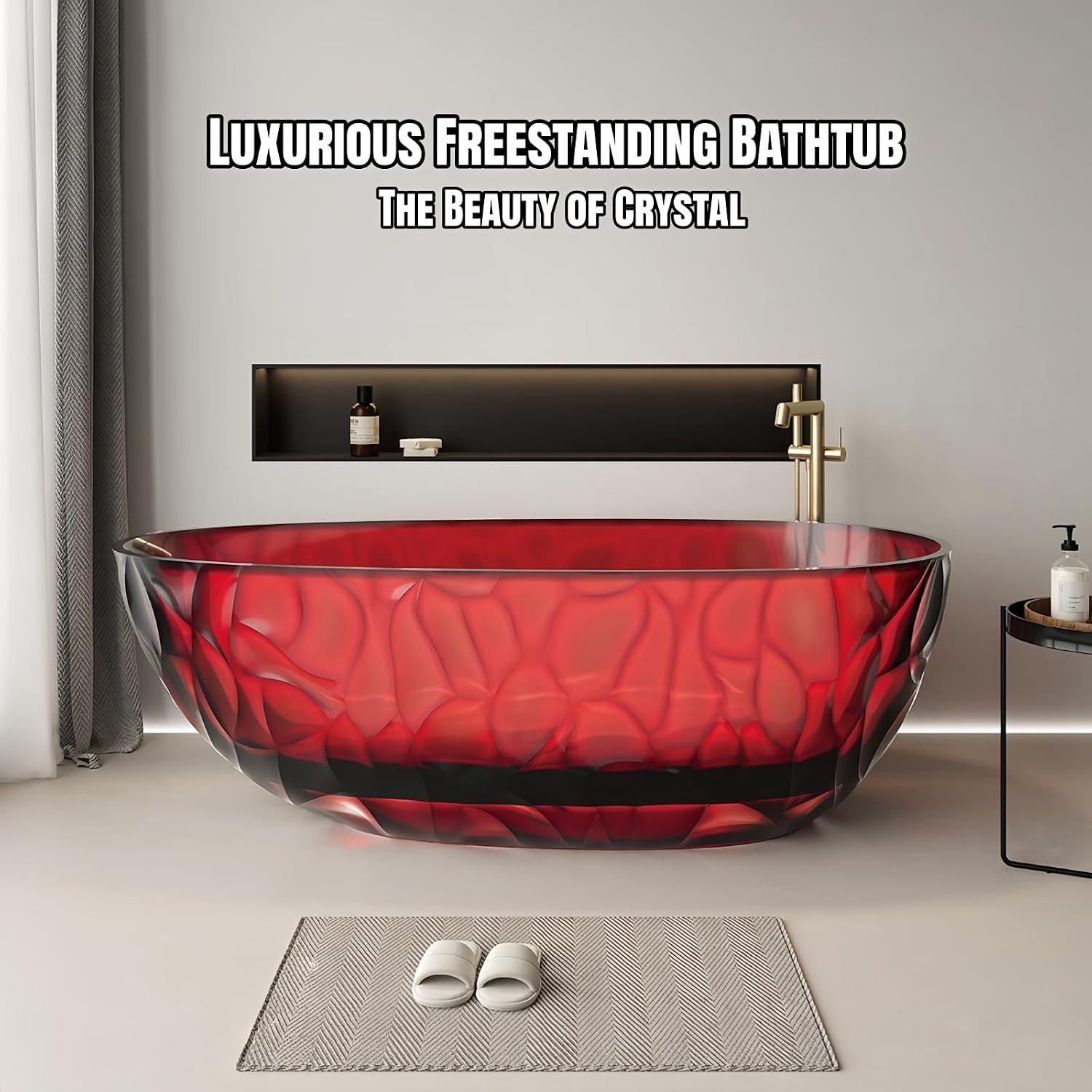 67' Edeyeu Clear Freestanding Bathtub – Designer Solid Surface Bathtub With Ripple Texture, Extra Deep Soaking Tub, Ergonomic Stand Alone Tub For Modern Luxury Bathrooms A