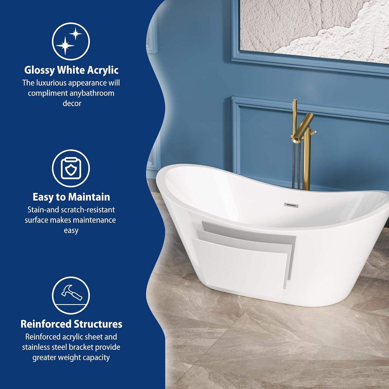 Sarlai 59 Inch Acrylic Freestanding Soaking Bathtub Contemporary Soaking White Tub Stand Alone Ergonomic Bathtub with Chrome Drain and Overflow