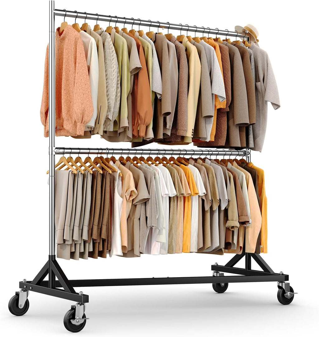 HOKEEPER Clothes Rack, Z Rack Heavy Duty Clothing Rack Commercial Garment Rack for Hanging Clothes with Wheels Hold 610 LBS Rolling Portable Z Rack for Bedroom, Laundry 23' D x 63' W x 86' H, 2Pack
