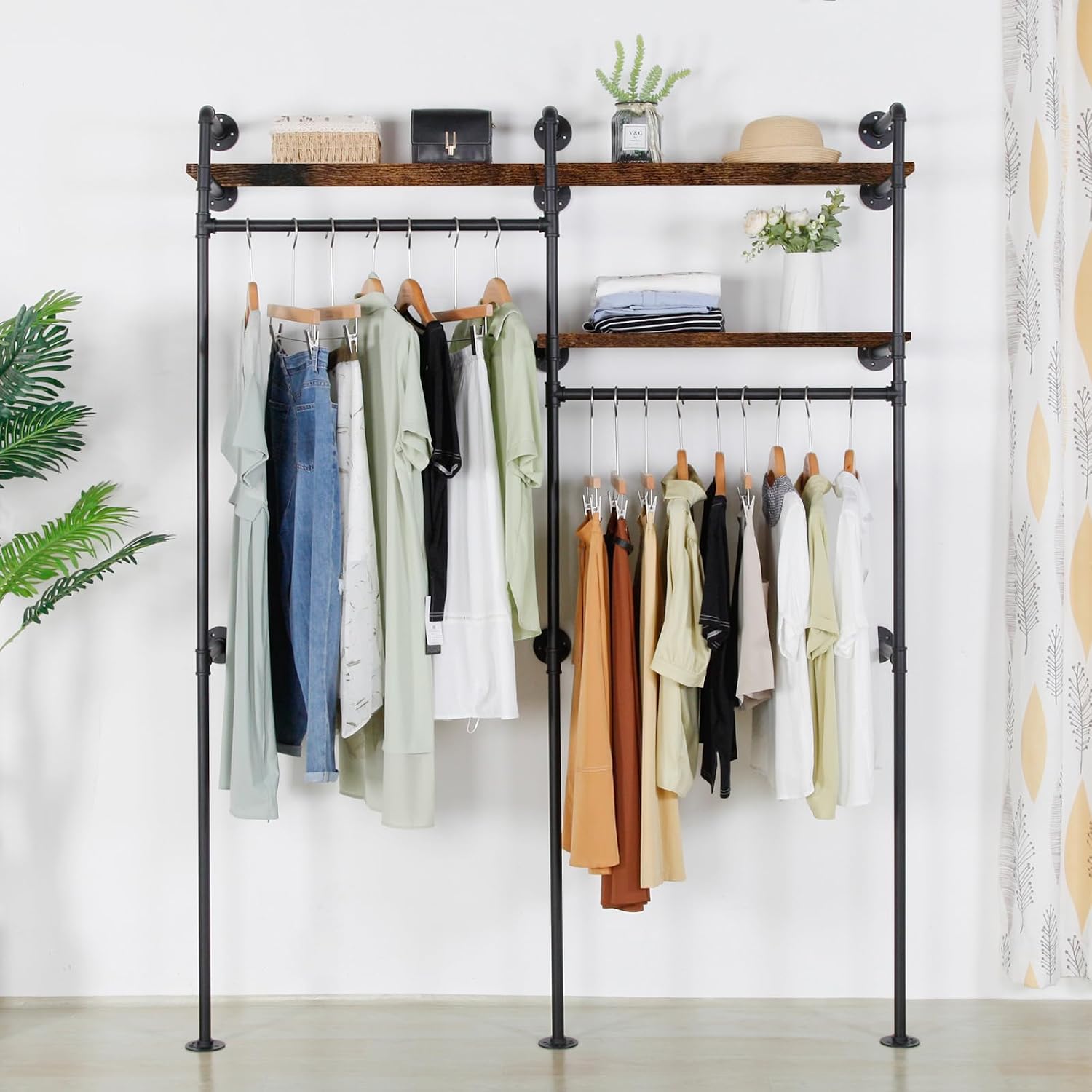 Industrial Pipe Clothing Rack - Black Wall Mounted Clothes Rack with 2 Hanging Rods & 2 Wooden Shelves, Closet Organizers and Storage for Retail Store, Bedroom (79.5 x 59in)