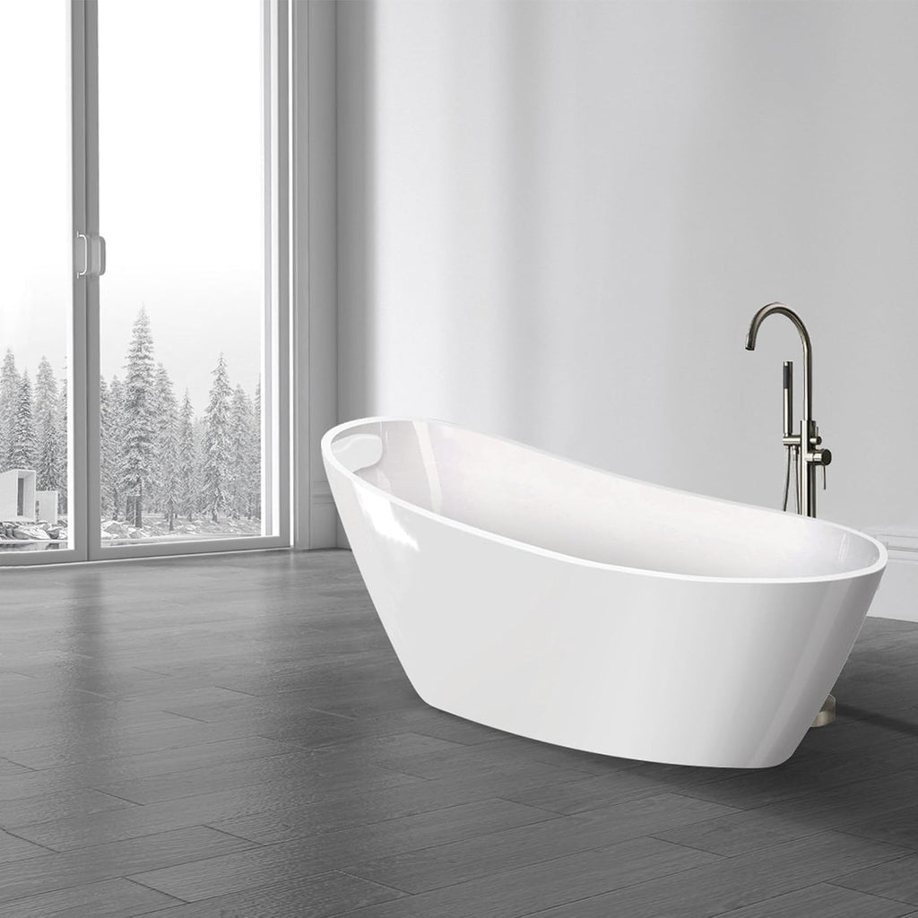 Transolid Aaliyah Freestanding Flatbottom Soaking Bathtub Kit 59 in. x 30-3/4 in. Gloss White with Peyton T4200-BN Brushed Nickel Floor-Mount Faucet and Reversible EZ-Click End Drain