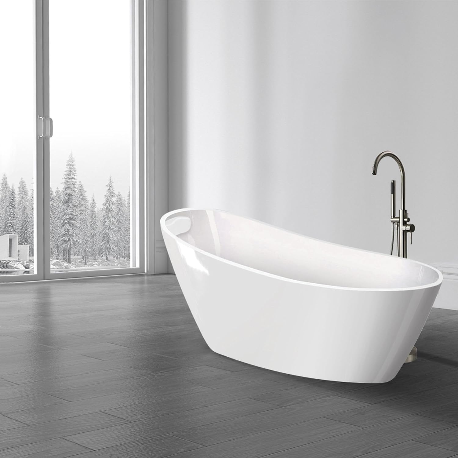 Transolid Aaliyah Freestanding Flatbottom Soaking Bathtub Kit 59 in. x 30-3/4 in. Gloss White with Peyton T4200-BN Brushed Nickel Floor-Mount Faucet and Reversible EZ-Click End Drain