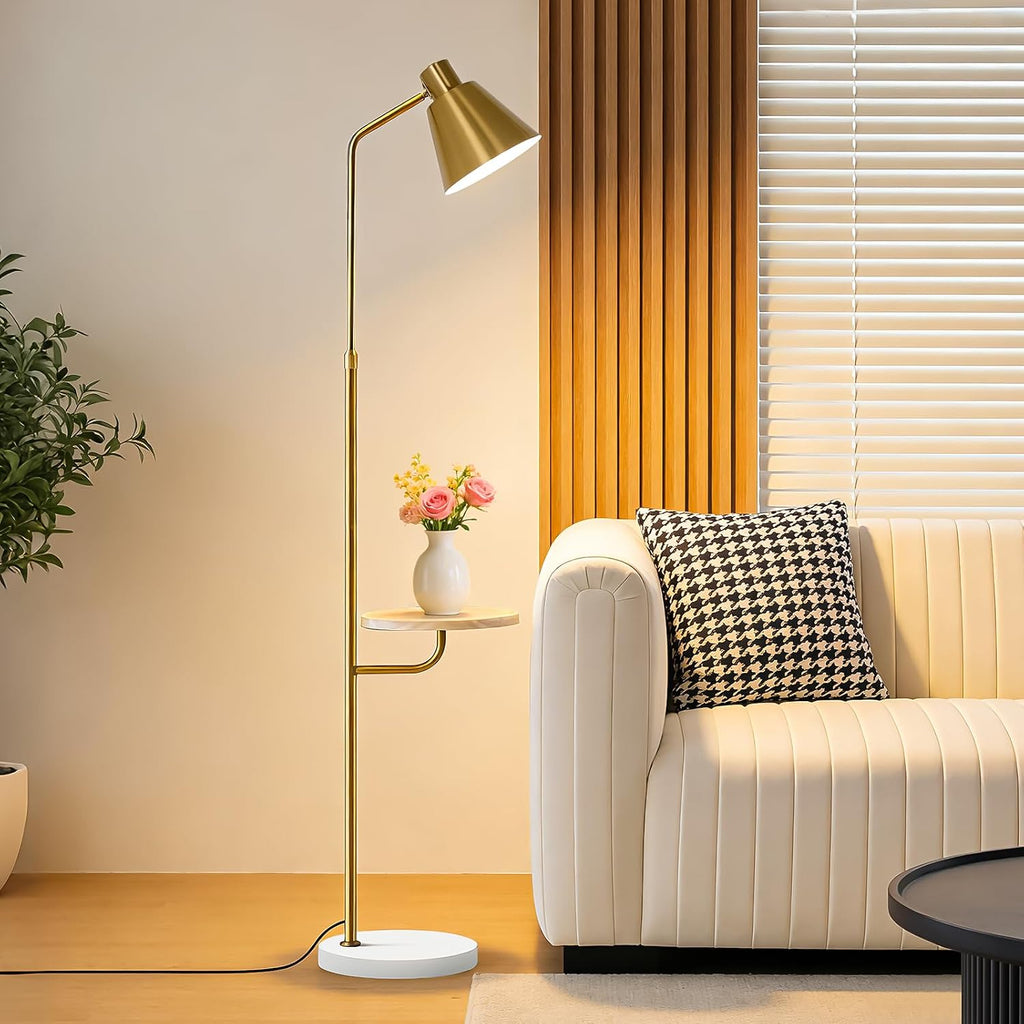 Gold Brushed Floor Lamp with Side Table for Living Room Bedroom, Modern Standing Lamp 12W LED 3-Color Dimmable 3000K/4500K/6500K, Adjustable Gooseneck Reading Light with Wood Shelf for Office Corner