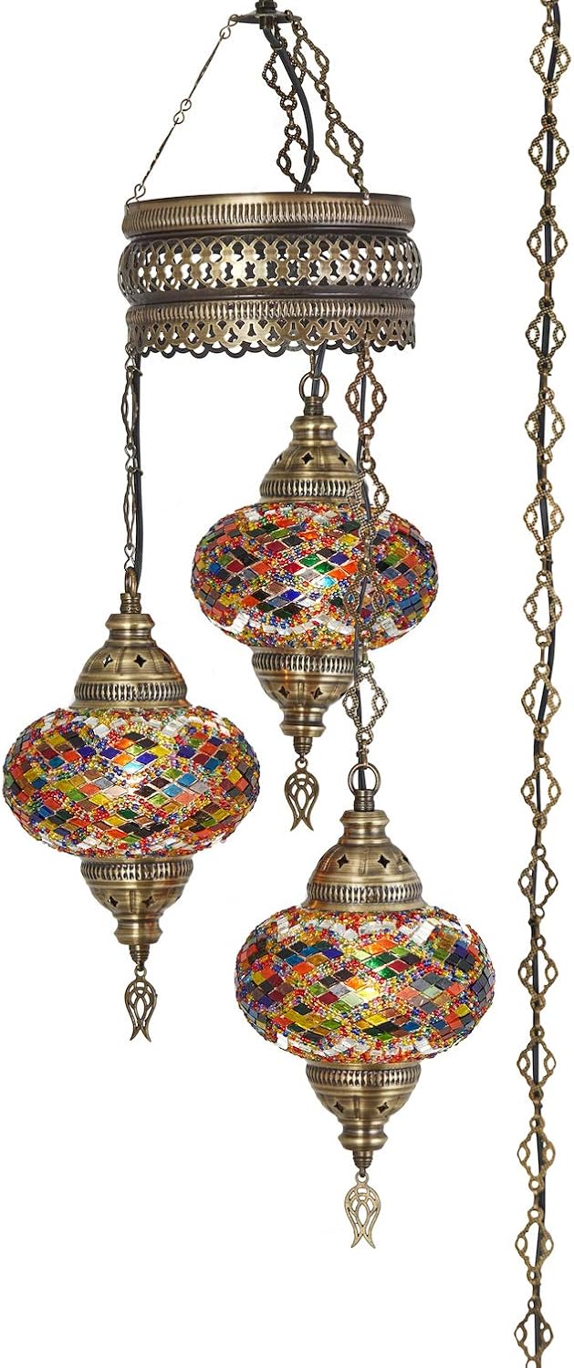 DEMMEX Plug-in Turkish Hanging Lamp, Handmade Moroccan Mosaic Chandelier Pendant Light Fixture with 15-ft Cord & Chain, Decorative Ceiling Lamp for Living Room, Bedroom, 3 Large 7'' Globes, 3.5 ft.