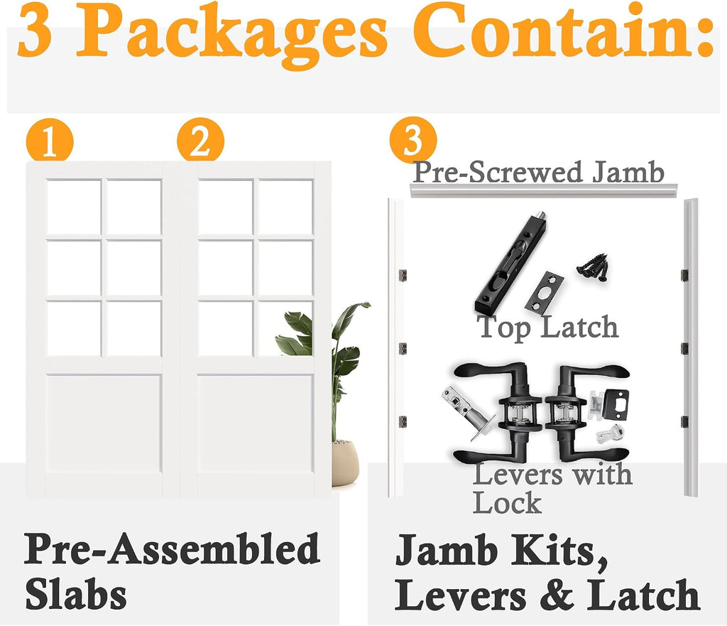 Prehung French Door 72'x80' (2x36 in), 6-Lite Tempered Clear Glass Door Slabs with Jamb, Black Hinges, 4 Levers & Latch, Solid Core Interior Door, Pre-Finished & Paintable, MDF Double Doors Interior