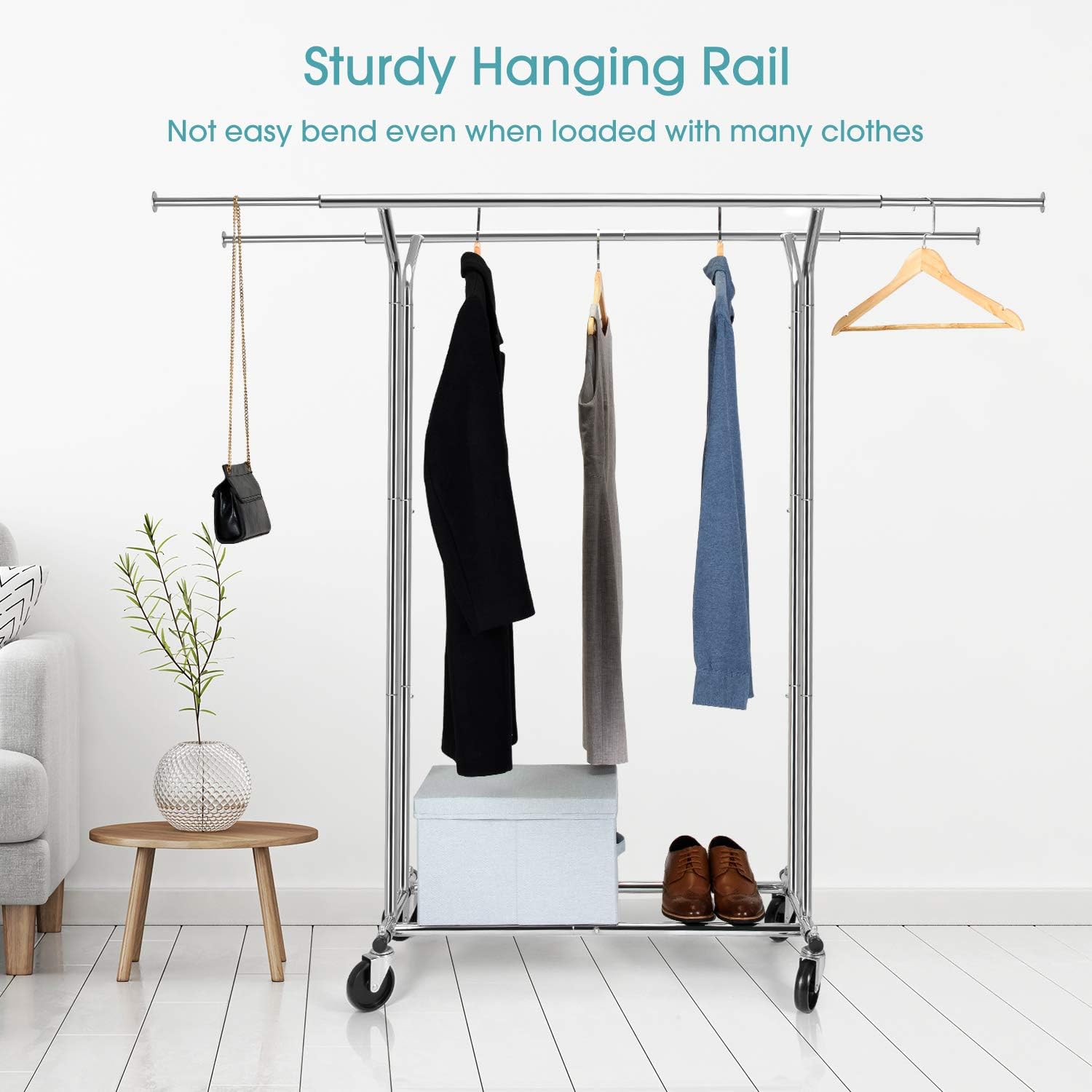 Auledio Clothes Garment Rack, Commercial Grade Clothes Rolling Heavy Duty Storage Organizer on Wheels with Adjustable Clothing Rack, Holds up to 250 lbs, Chrome (Two Heads)