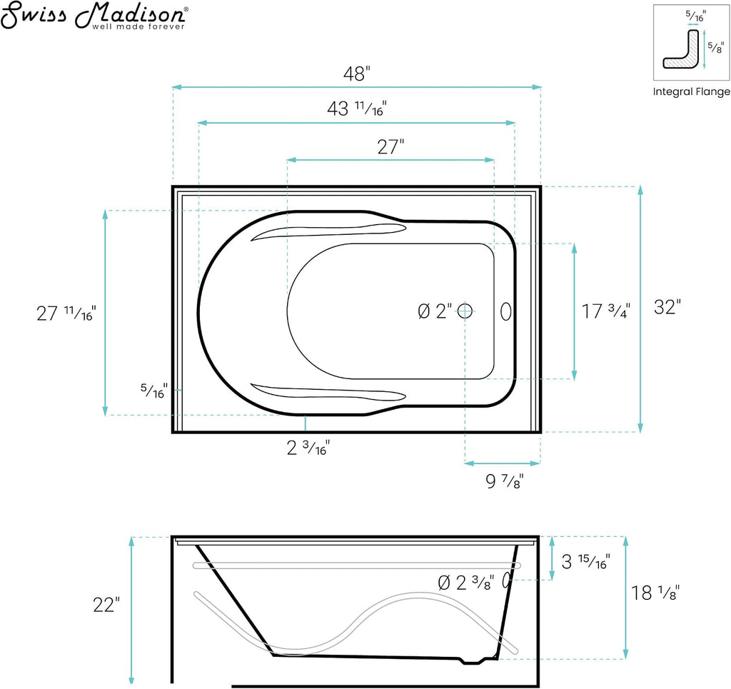 Dieppe 48'' x 32' Bathtub with Apron Right Hand Drain in White