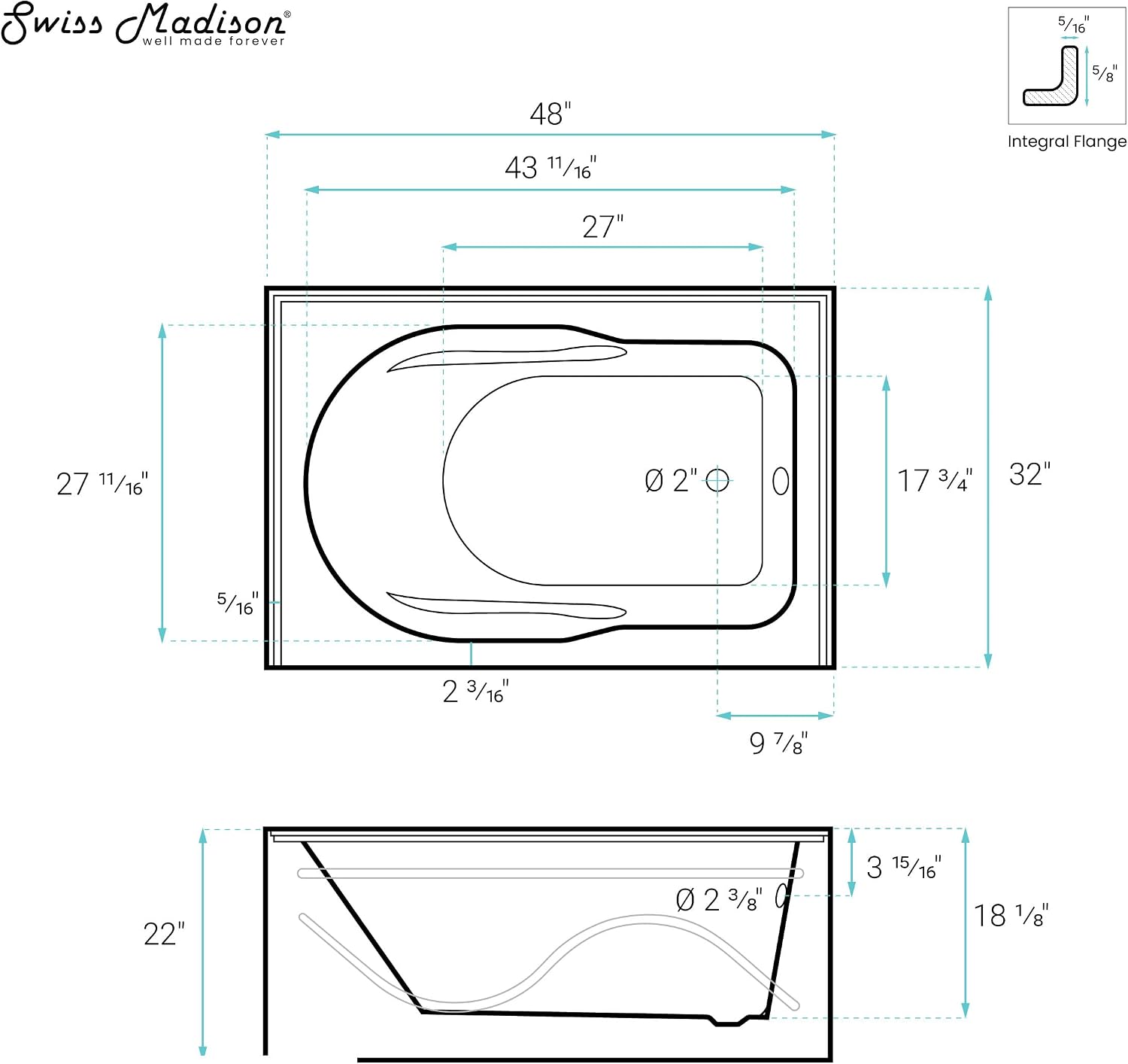 Dieppe 48'' x 32' Bathtub with Apron Right Hand Drain in White